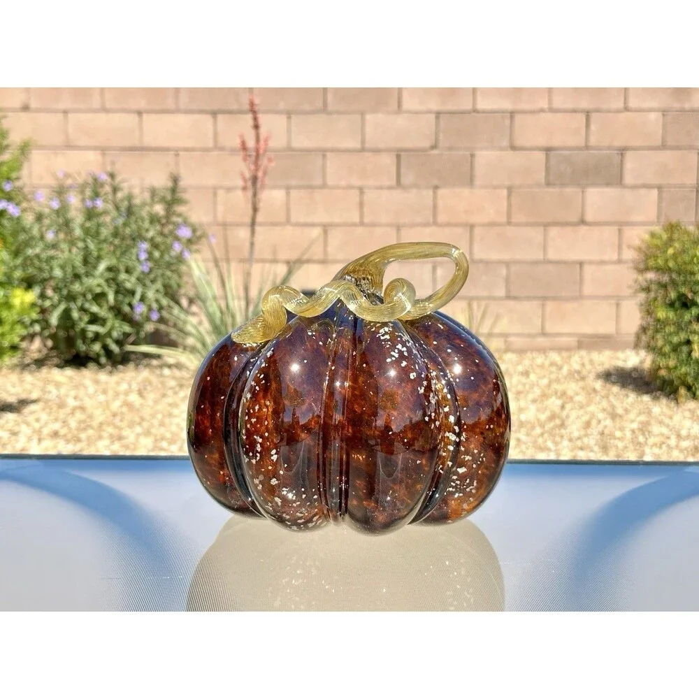 Large Amber Gold Brown Glass Pumpkin w/ Silver Sparkles & Ribbed Gold Stem 7.5